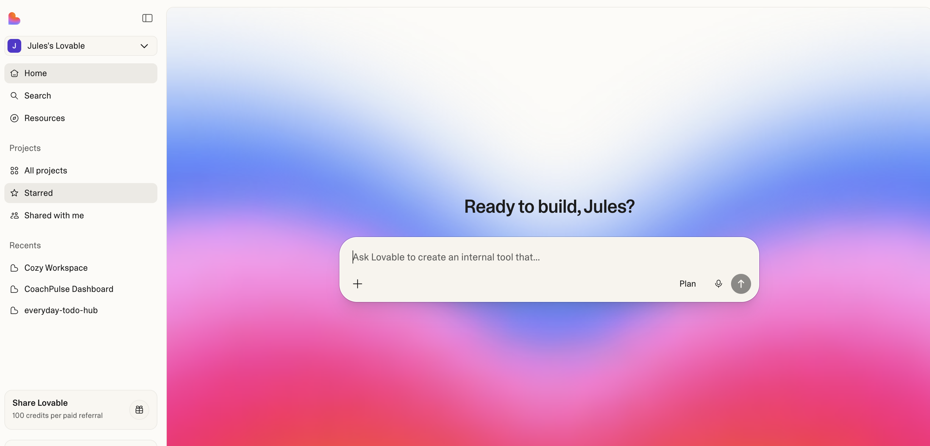 Lovable home screen - prompt interface